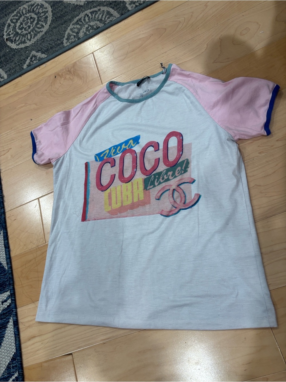 CHANEL White Tee with Pink Raglan Sleeves and Blue Trim